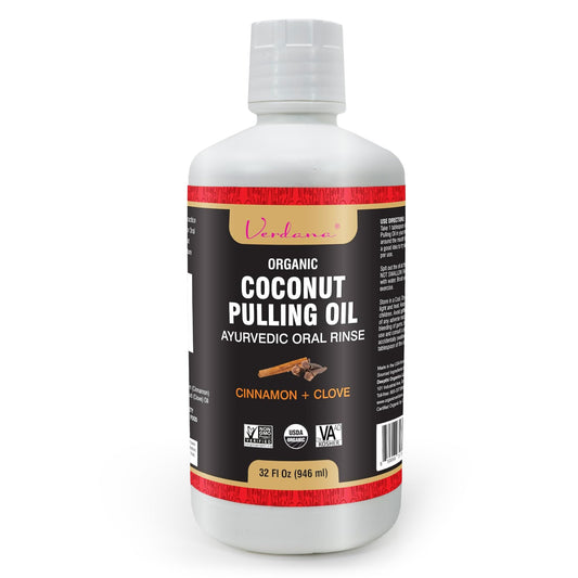 Verdana Organic Oil Pulling Mouthwash bottle with cinnamon-clove flavor for a fresh breath routine