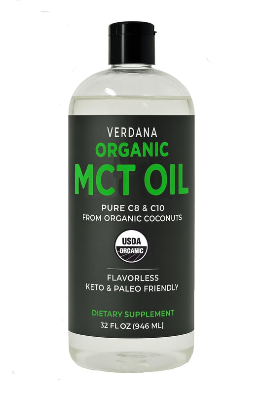 Verdana Organic MCT Oil bottle on a clean kitchen counter ready for daily use