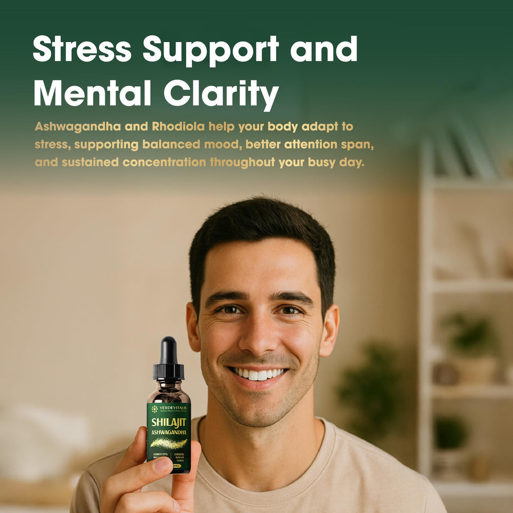 VERDEVITALIS 8in1 blend with ashwagandha and cordyceps highlighted for balance.