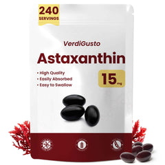 VerdiGusto 15mg astaxanthin softgels bottle highlighting antioxidant support for daily wellness