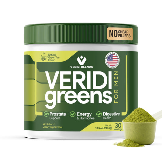Veridi Greens for Men 40+ tub front promotes daily energy.