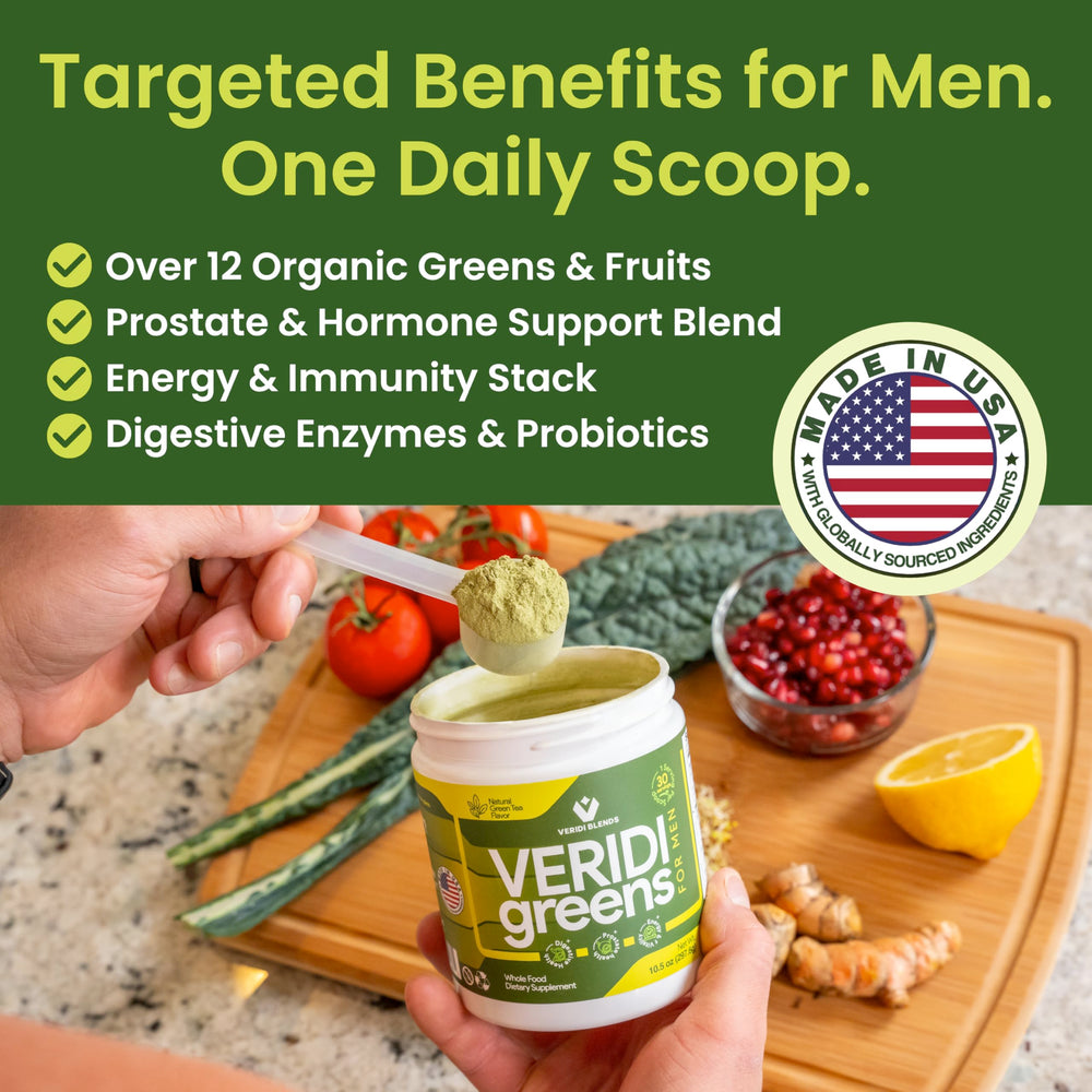 Saw Palmetto and zinc components listed in Veridi Greens ingredients.