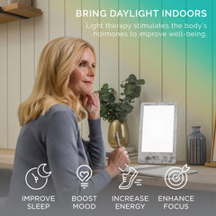 Verilux HappyLight Luxe controls close-up, showing adjustable brightness for personalized light therapy.