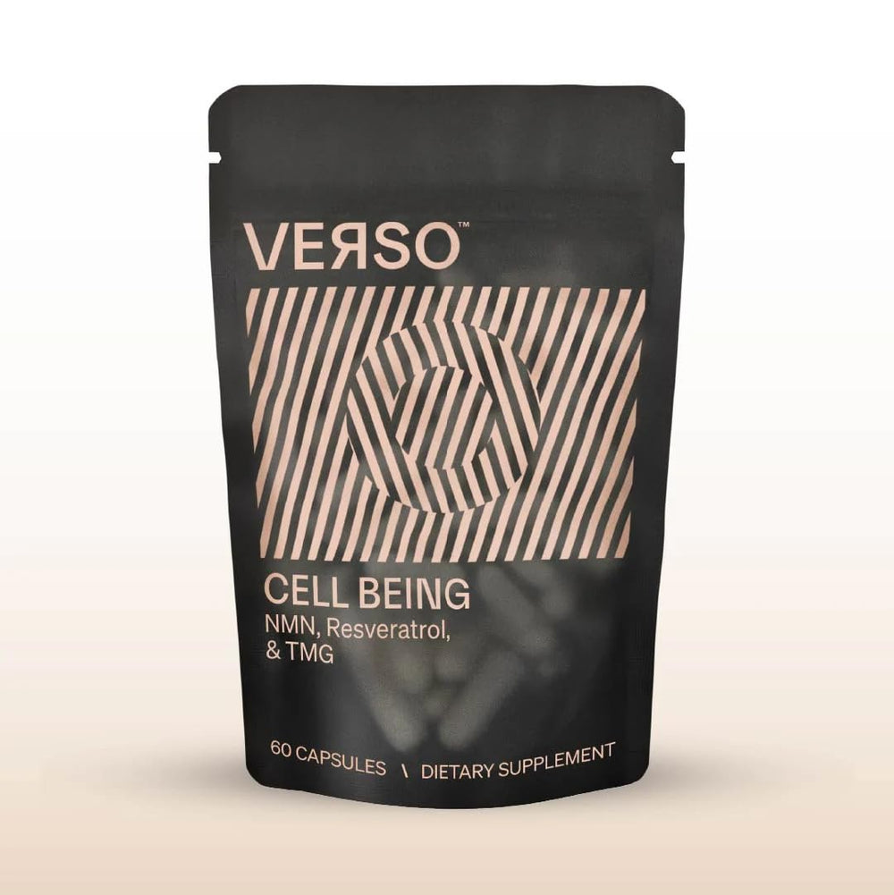 Verso Cell Being bottle closeup highlighting a NAD+-supporting formula for daily energy.