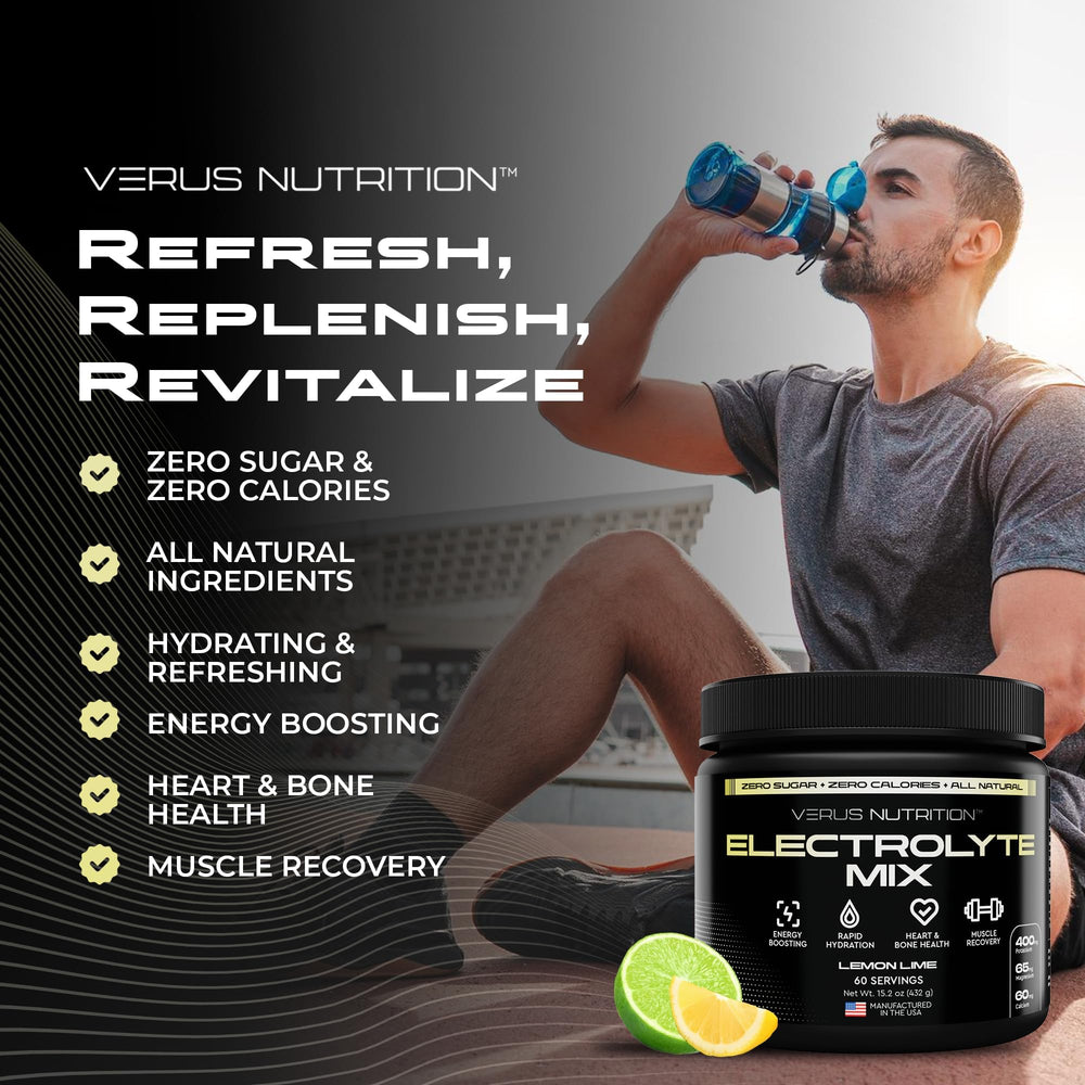 VERUS NUTRITION electrolytes flavor Lemon Lime provides crisp taste and minerals.
