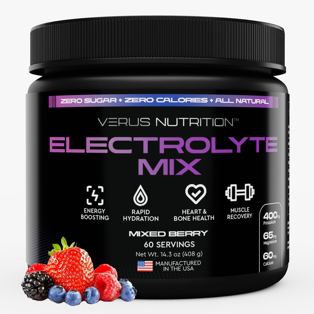 VERUS Nutrition electrolytes powder mixed berry bottle for refreshing sugar-free hydration