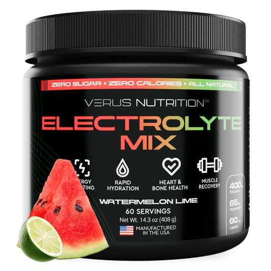 VERUS NUTRITION electrolytes powder tub with watermelon-lime flavor for refreshing hydration