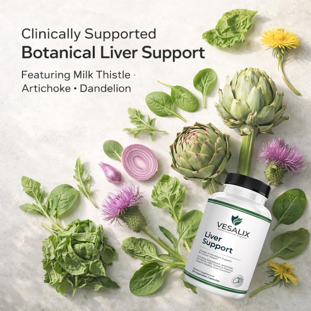 VESALIX bottle against herbal backdrop, plant-based detox support