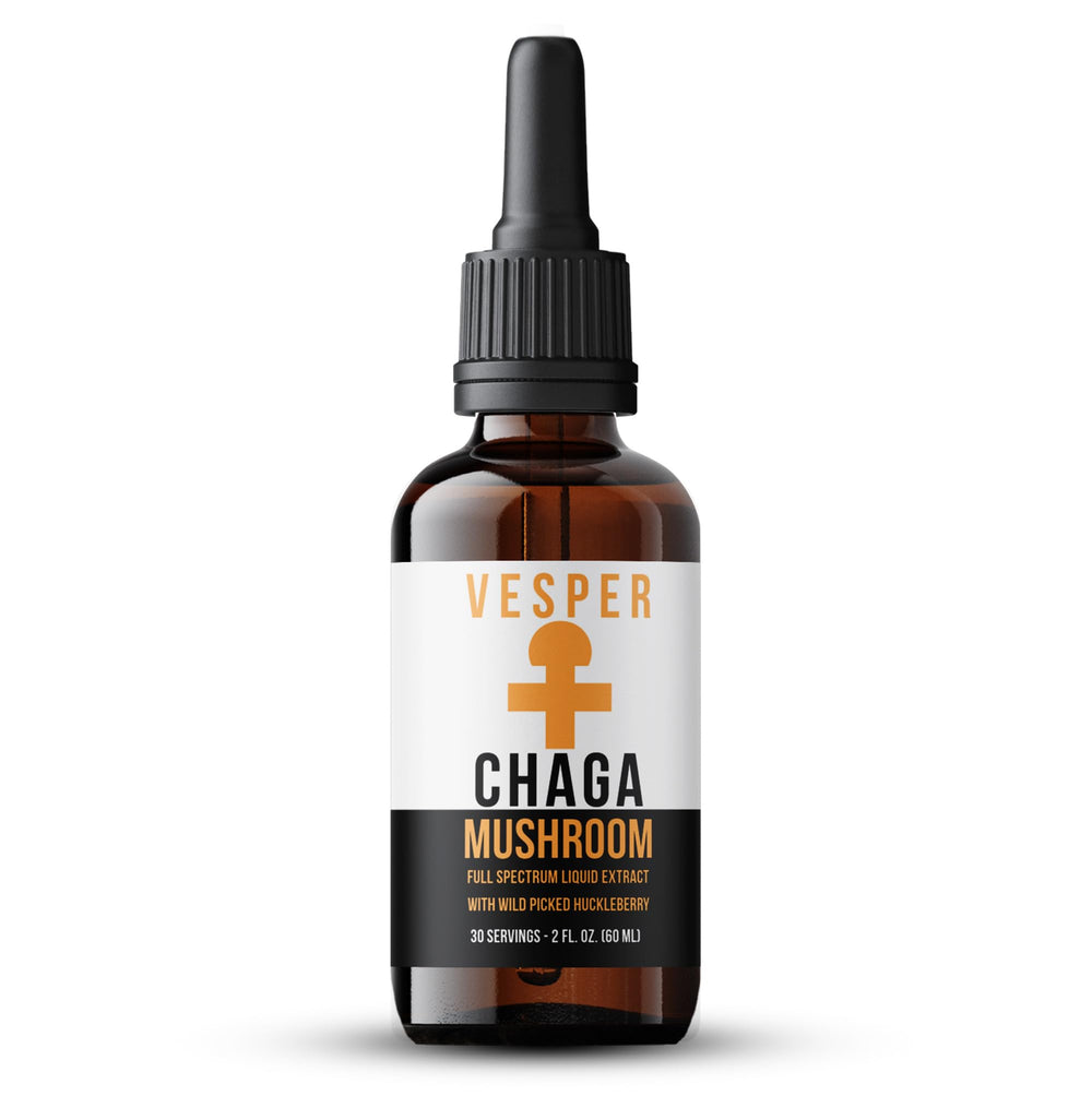 Vesper Chaga bottle with wild huckleberries, antioxidant support.