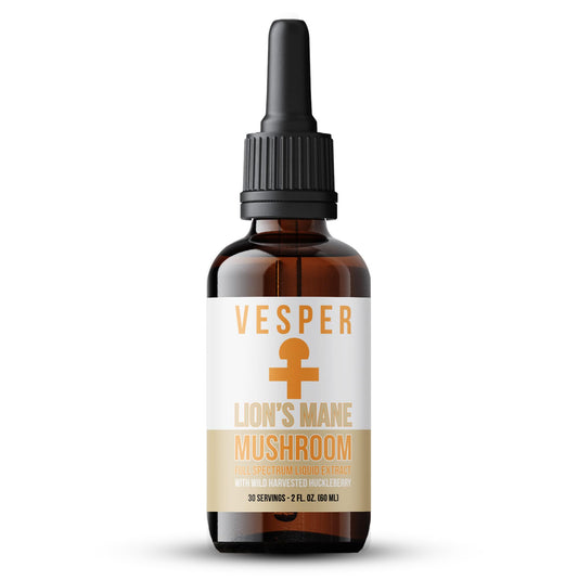 Vesper Lions Mane liquid extract bottle supports focus and mental clarity.
