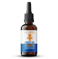 Vesper Turkey Tail liquid extract bottle shown for daily immune support and gut balance.