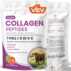 VEV Multi Collagen Powder bottle on shelf for easy daily mixing.