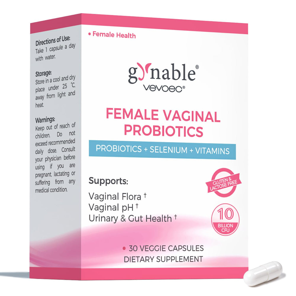 Vevoec Gynable bottle front promoting daily vaginal wellness support