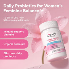 Vevoec Gynable capsules close-up showing 10B CFU and vitamins.