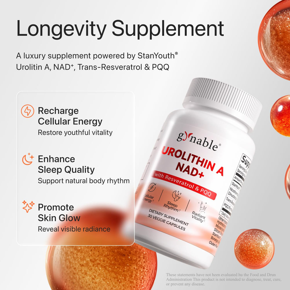 Vevoec Gynable label closeup emphasizes Urolithin A and NAD+ components for vitality
