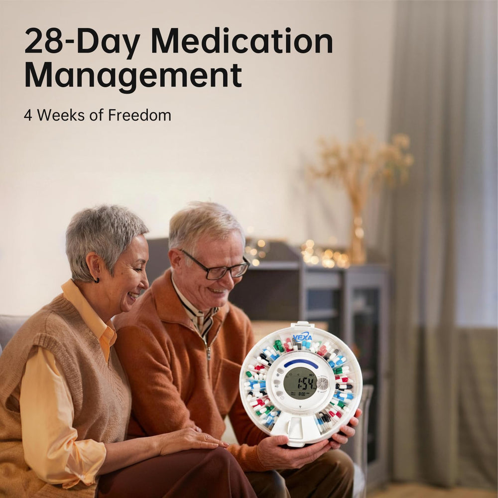 VEXA VitaMate28 flip-to-dispense design supports easy access to meds.