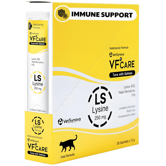 VFCARE lysine for cats bottle pour shows easy dosing for daily immune support.