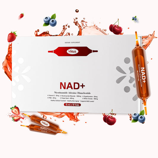 Vffiek NAD+ liquid bottle showcases premium formula for cellular energy renewal and vitality.