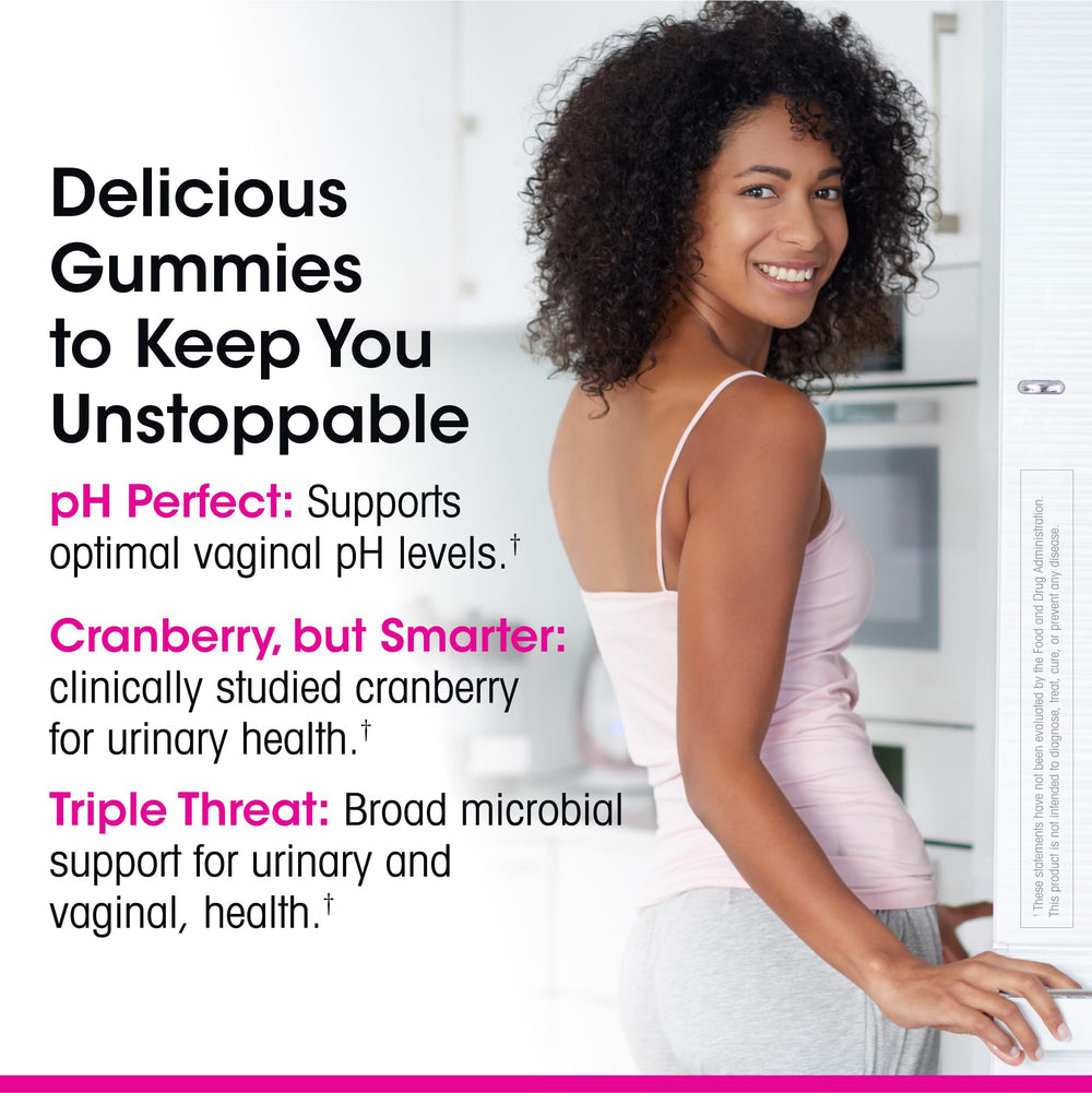 vH essentials Probiotic Gummies close-up, gummies and cranberry extract highlighting urinary balance.