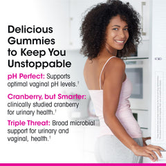 vH essentials Probiotic Gummies close-up, gummies and cranberry extract highlighting urinary balance.