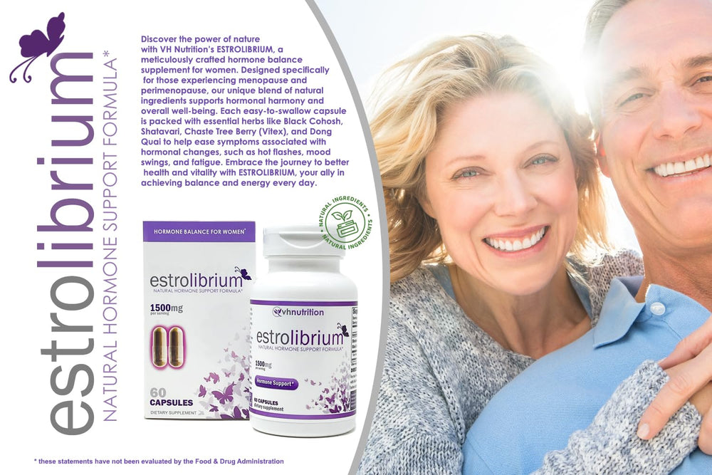 ESTROLIBRIUM bottle-back shows herbal blend for gentle hormonal balance.