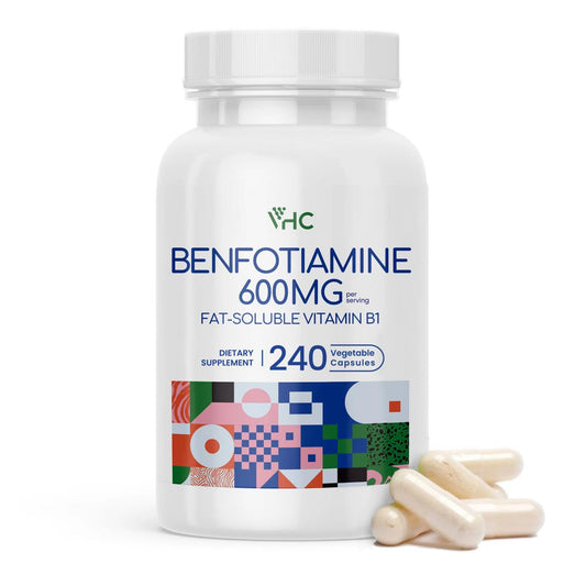 VHC Benfotiamine 600mg capsules in bottle for daily energy support.