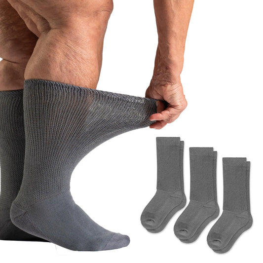 Viasox EasyStretch diabetic crew socks 3-pack in gray showing non-binding, easy-on fit.