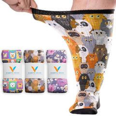 Viasox EasyStretch diabetic socks with paws and petals pattern offering comfortable, loose fit for swelling.