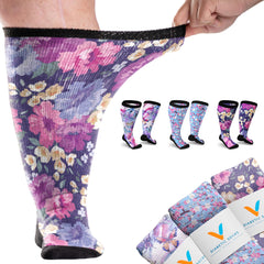 Viasox EasyStretch Flower Power packaging shows soft, comfortable diabetic socks ready to wear
