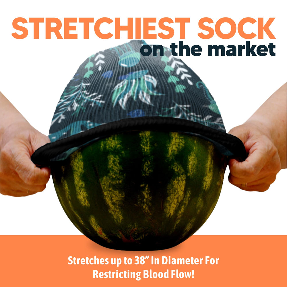 Viasox EasyStretch worn on a swollen leg demonstrating loose fit