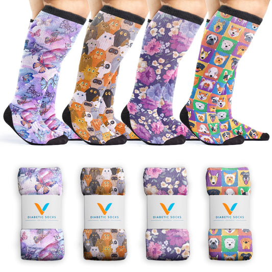 Viasox Paws & Petals EasyStretch socks front view; loose fit for swelling comfort.