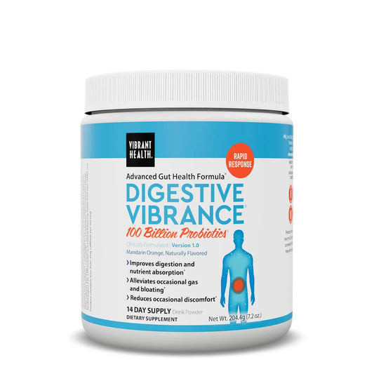 Vibrant Health Digestive Vibrance powder bottle front view for gut balance support.