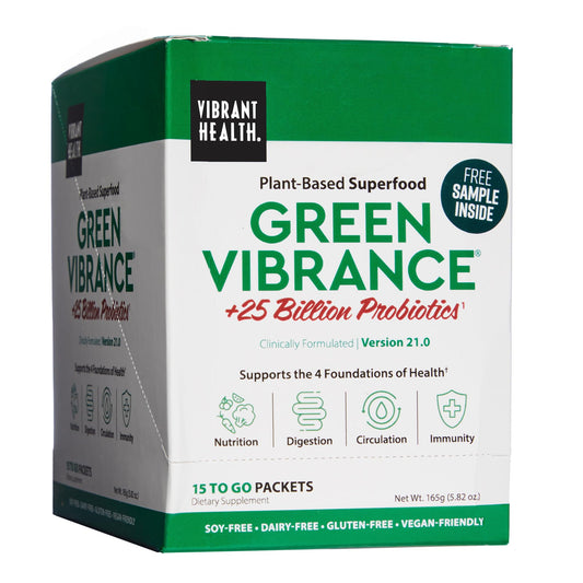 Vibrant Health Green Vibrance packaging ready for travel nutrition on the go.