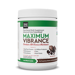Vibrant Health Maximum Vibrance Chocolate tub front for all-in-one daily nutrition.
