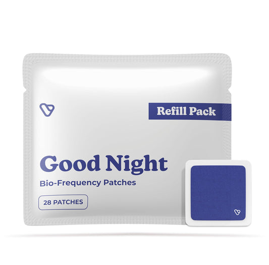 Vibrants Good Night patch on arm shows discreet, soothing sleep support.