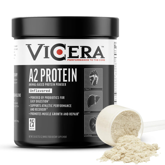 VICERA A2 protein bottle closeup, premium unflavored formula for daily nourishment.