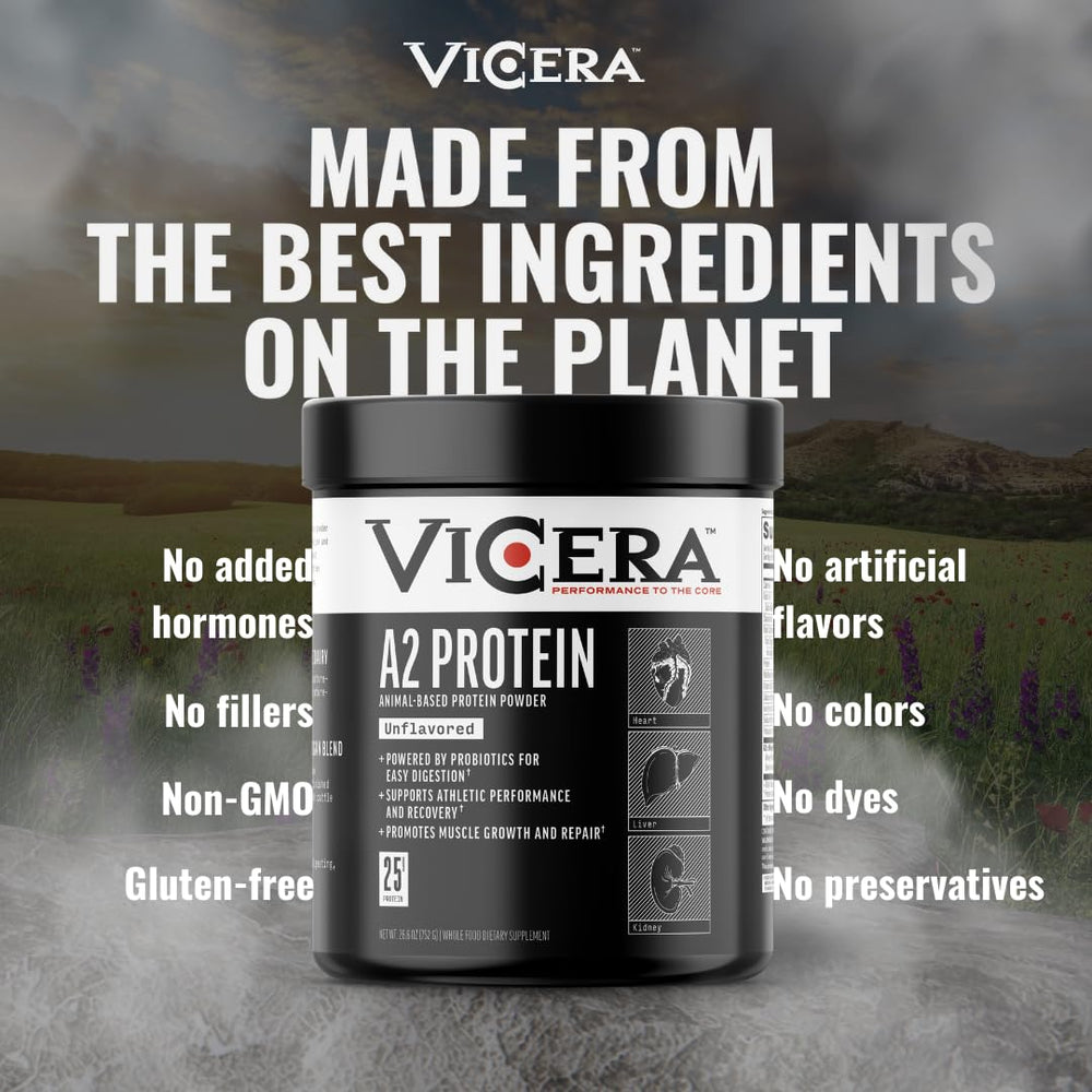 Gluten-free and non-GMO certification badge on VICERA A2 packaging.