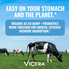 VICERA A2 label close-up highlighting organic and gluten-free formula.