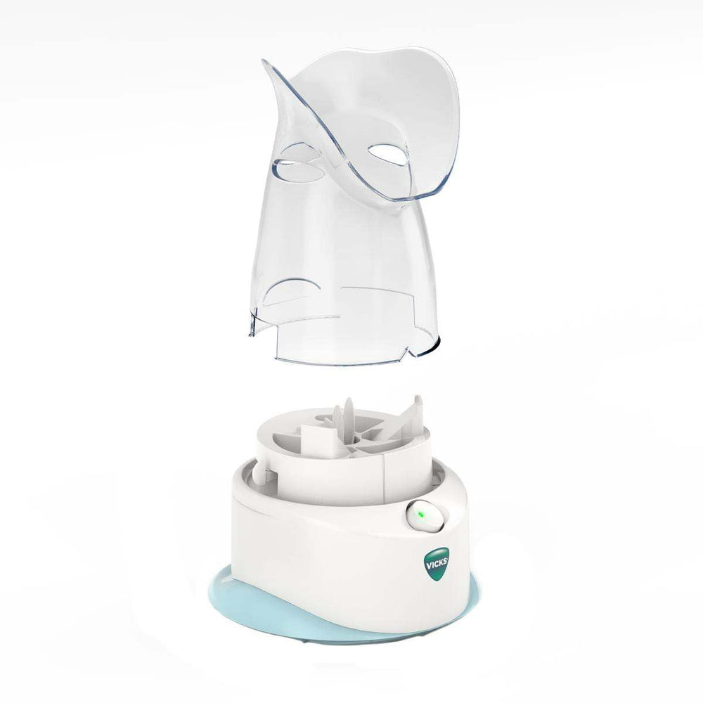 Soft hood resting on the face of a user with the Vicks inhaler.
