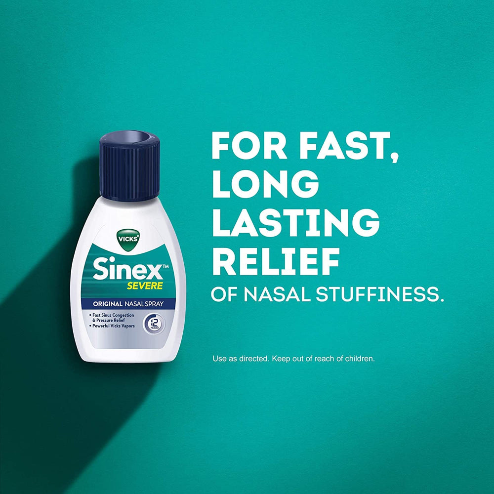 Vicks Sinex Severe bottle close-up showing controls and label