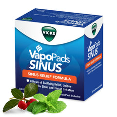 Vicks VapoPads Sinus Relief box showing soothing scent for congestion relief.