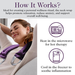 Victoria's Lavender microwavable-use wrap heats quickly for on-demand relief.