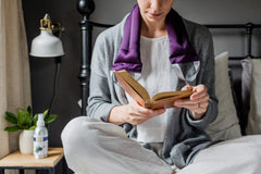 Neck wrap worn on shoulders showing extended coverage and lavender aroma.