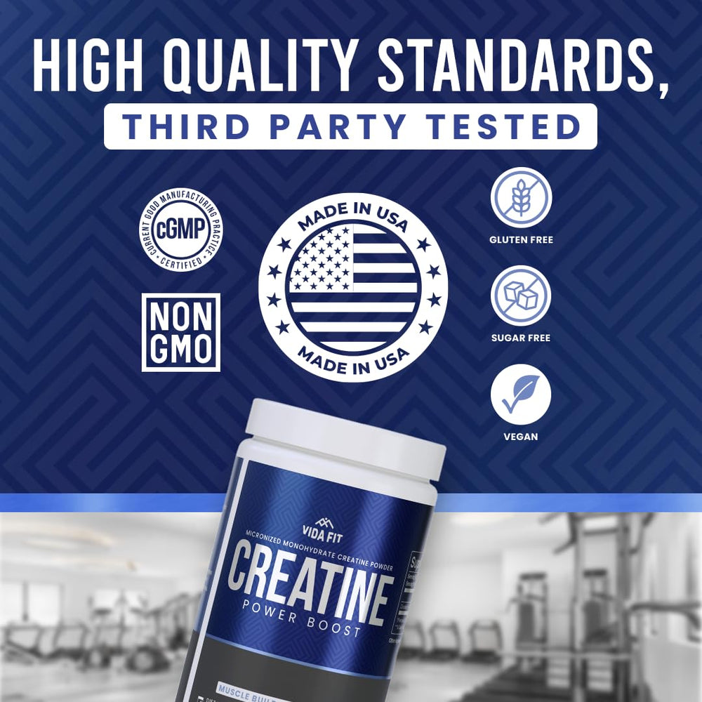 Vida Fit creatine powder label highlights NSF certification and third-party testing.