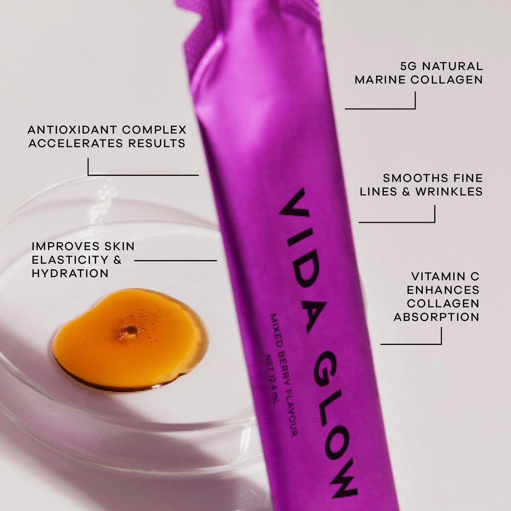 Vida Glow Collagen Liquid Advance vitamin C boost highlighting enhanced collagen production.