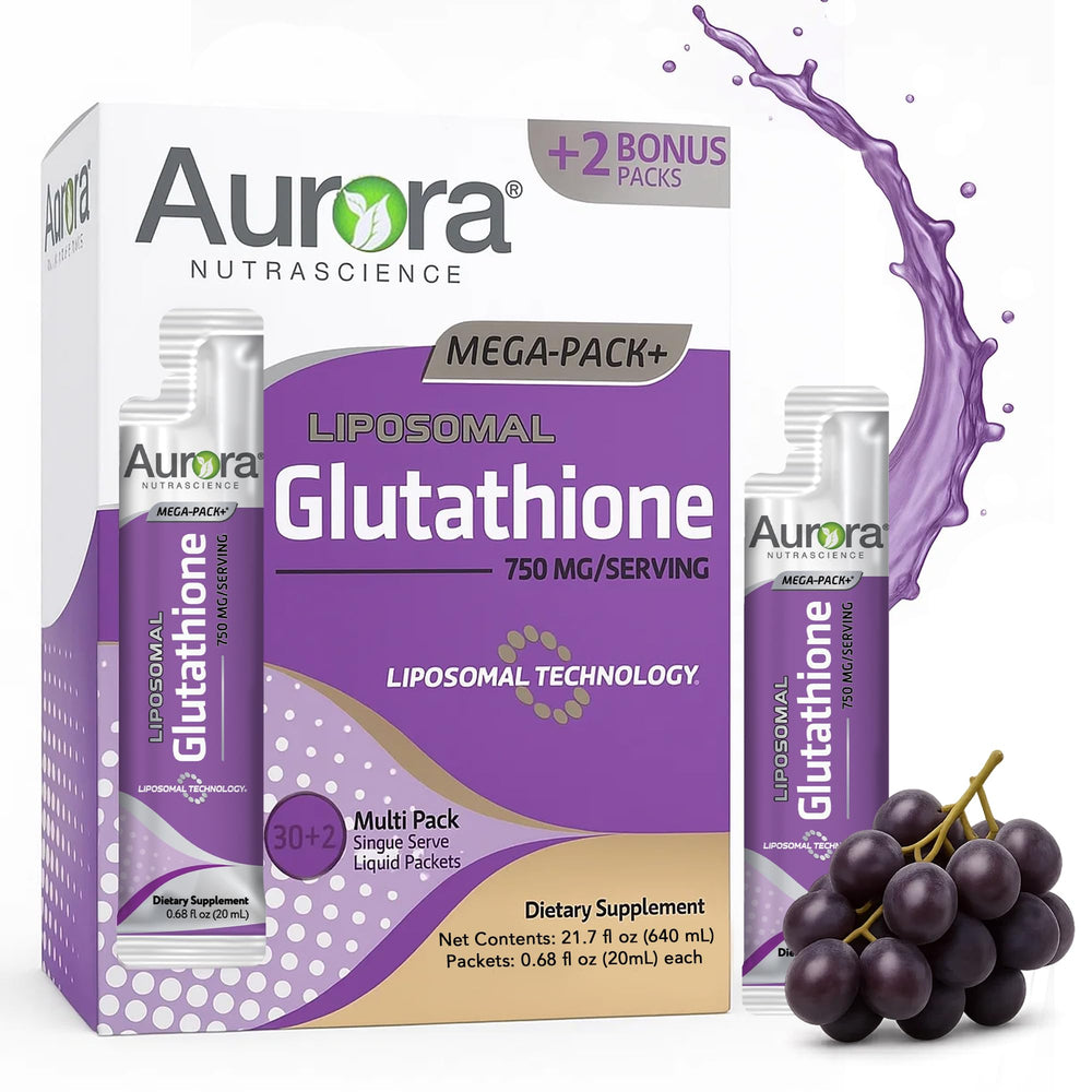 Vida Lifescience Aurora Mega-Pack bottle hero demonstrates premium liposomal glutathione for easy daily use.