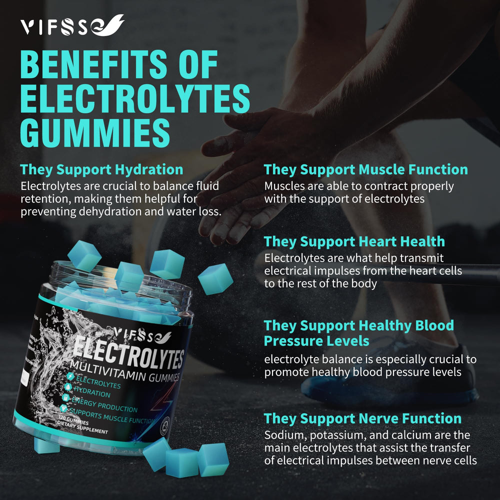 VIFSSG Electrolytes Gummies blue raspberry being poured, easy morning energy boost.