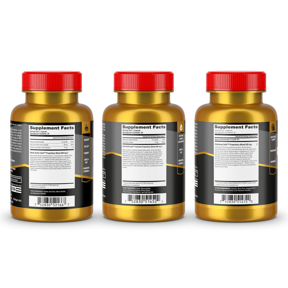 Vigor Labs Ball Refill Gold bottle highlights focused support for firmness and endurance.