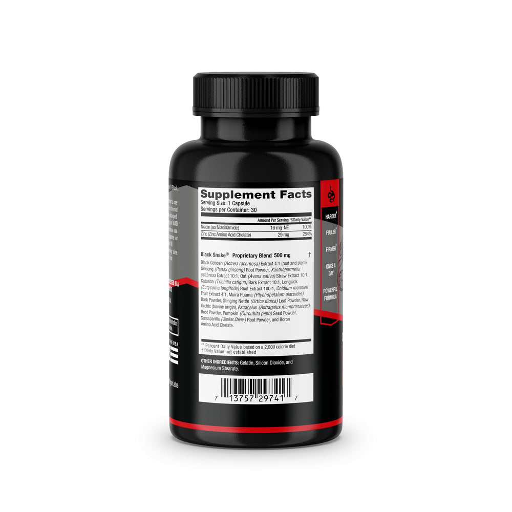 Packaging box for Black Snake highlighting 30 capsules and blend