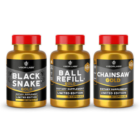 Vigor Labs Gold Stack packaging displaying the triple-product set for enhanced vitality and value.